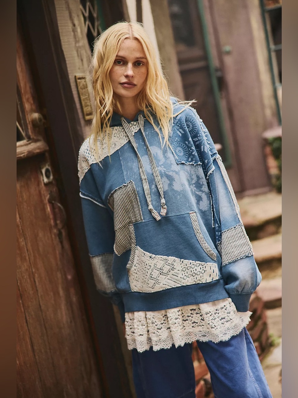 Free People Tattered Romance Hoodie Blue Patchwork Floral Medium